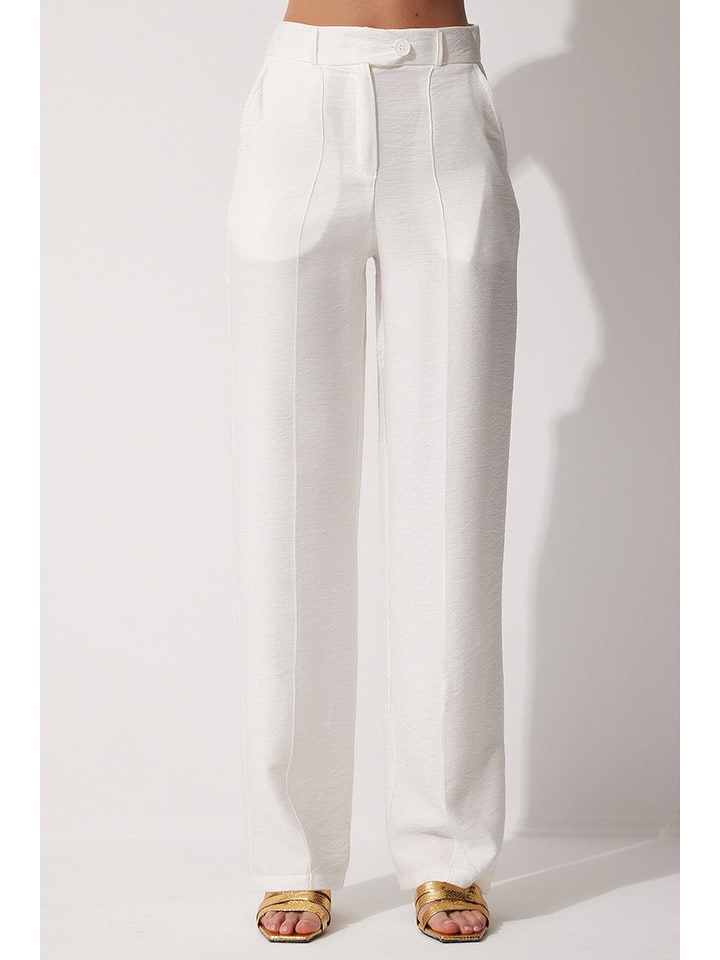 Happiness Istanbul Lniane spodnie w kolorze kremowym rozmiar: 36