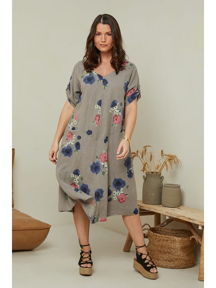 Curvy Lady Lniana sukienka w kolorze szarobrązowym ze wzorem rozmiar: 40/42