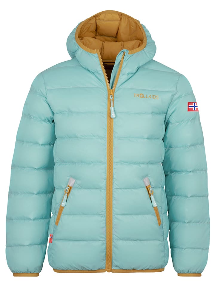 Trollkids Kurtka puchowa "Dovrefjell" w kolorze turkusowym rozmiar: 104