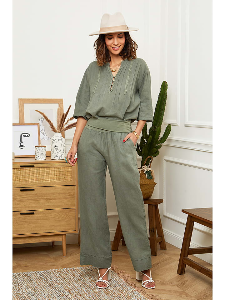 Le Monde du Lin Lniane spodnie "Valencia" w kolorze khaki rozmiar: 38/40