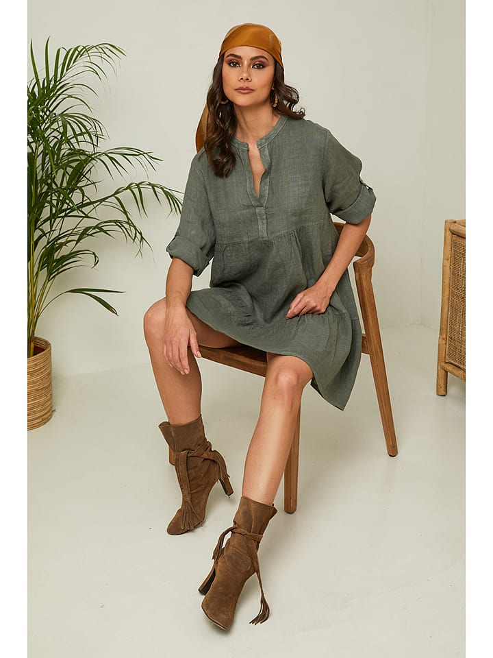 Fleur de Lin Lniana sukienka "Gabin" w kolorze oliwkowym rozmiar: XL