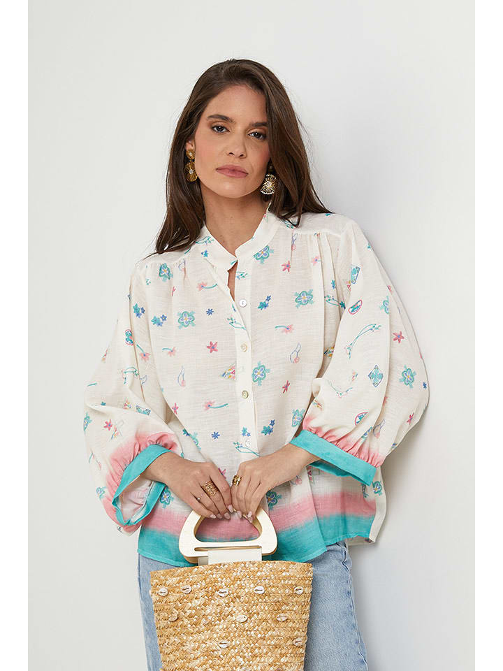 Rodier Lin Lniana bluzka w kolorze biało-turkusowym rozmiar: L/XL