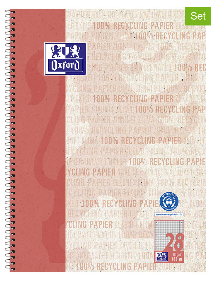 Oxford Kołozeszyty (2 szt.) "Oxford Recycling" w kolorze czerwonym - A4 rozmiar: onesize
