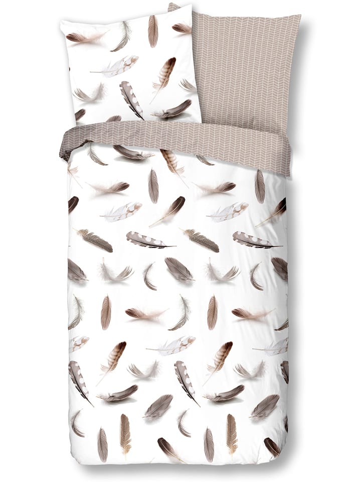 Good Morning Komplet pościeli flanelowej "Feathers" w kolorze jasnobrązowo-białym rozmiar: 140x220 cm