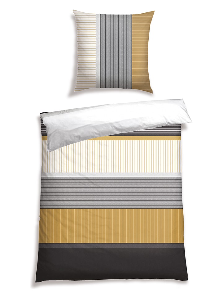 Schiesser Komplet pościeli renforcé "Marco" w kolorze biało-musztardowo-czarnym rozmiar: 135x200 cm