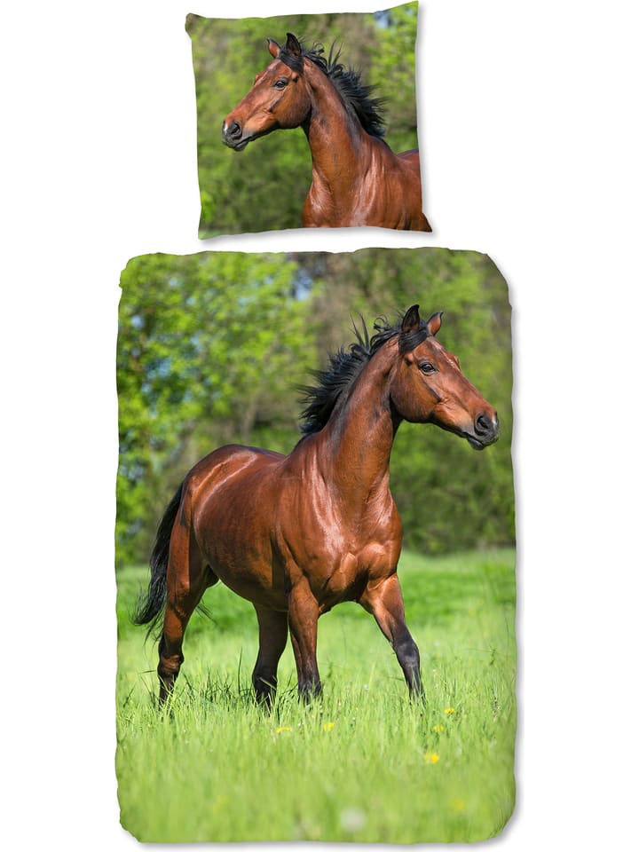 Good Morning Komplet pościeli "Running horse" w kolorze zielono-brązowym rozmiar: 135x200 cm