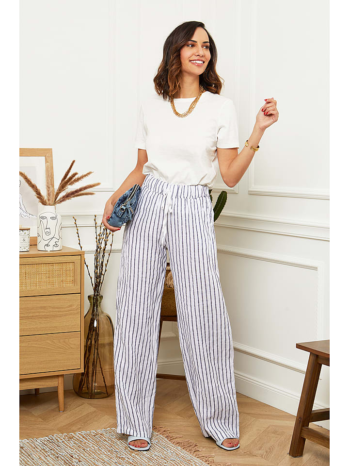 Le Monde du Lin Lniane spodnie w kolorze biało-szarym rozmiar: 36/38