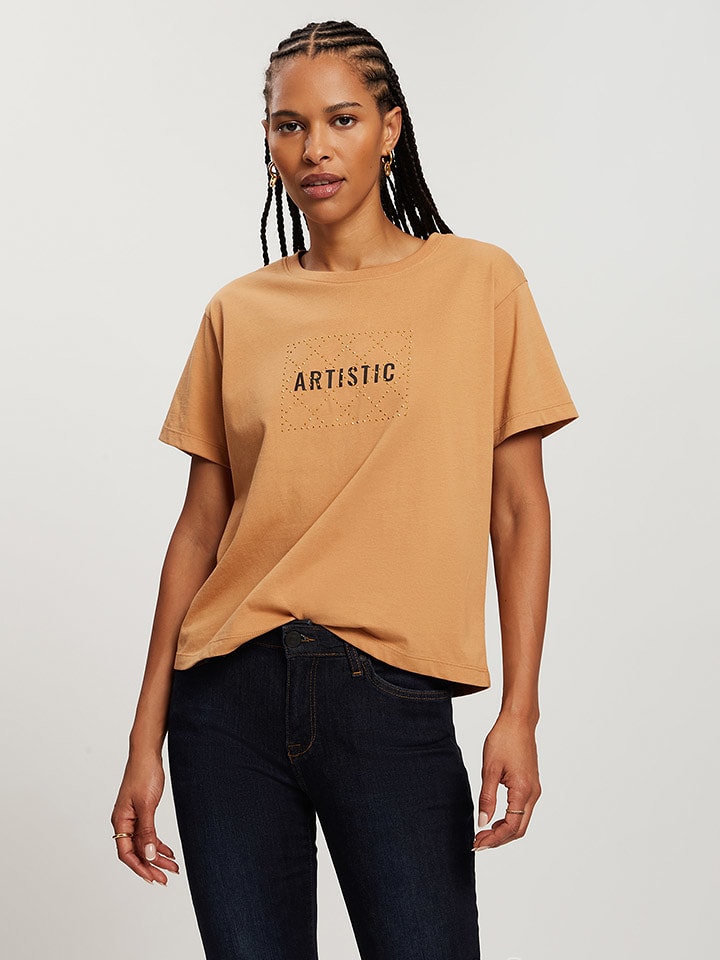 Cross Jeans Koszulka w kolorze jasnobrązowym rozmiar: S