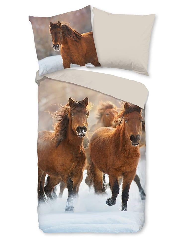 Good Morning Komplet pościeli flanelowej "Ponies" w kolorze jasnobrązowym rozmiar: 135x200 cm