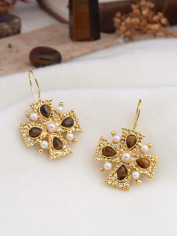 L'Atelier de Gaia Pozłacane kolczyki z tygrysim okiem i perłami rozmiar: onesize