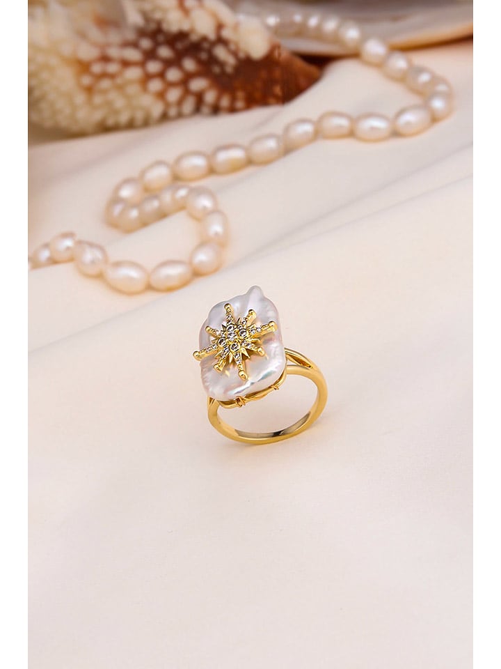 Pierres delicates Pozłacany pierścionek z masą perłową i cyrkoniami rozmiar: onesize