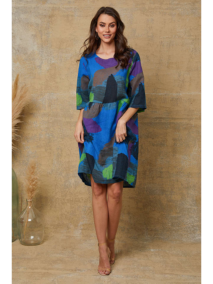 Fleur de Lin Lniana sukienka "Quincy" w kolorze niebieskim ze wzorem rozmiar: M