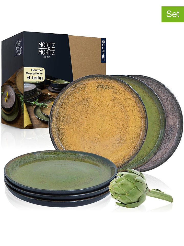 Moritz & Moritz Talerzyki deserowe (6 szt.) "Vida" w kolorze żółto-zielono-szarym - Ø 20 cm rozmiar: onesize