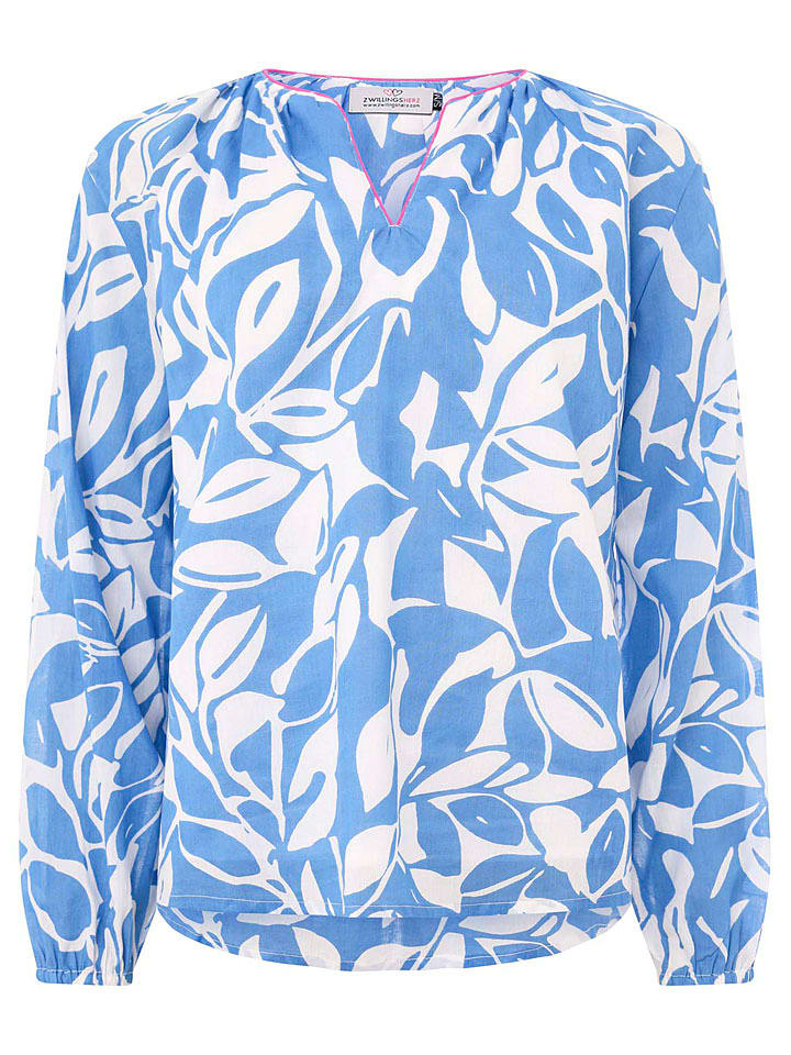 Zwillingsherz Bluzka "Leaves" w kolorze niebiesko-białym rozmiar: L/XL