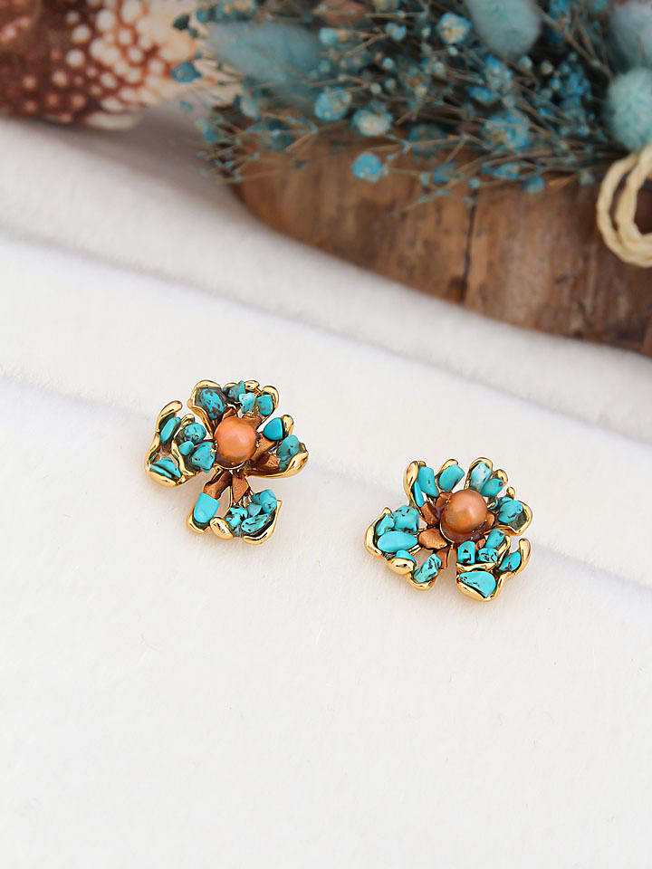 Pierres de Jade Pozłacane kolczyki-wkrętki z perłami i turkusami rozmiar: onesize