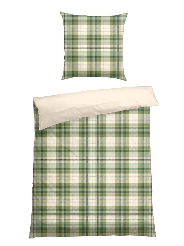 Schiesser Komplet pościeli flanelowej "Morris" w kolorze zielono-kremowym rozmiar: 135x200 cm