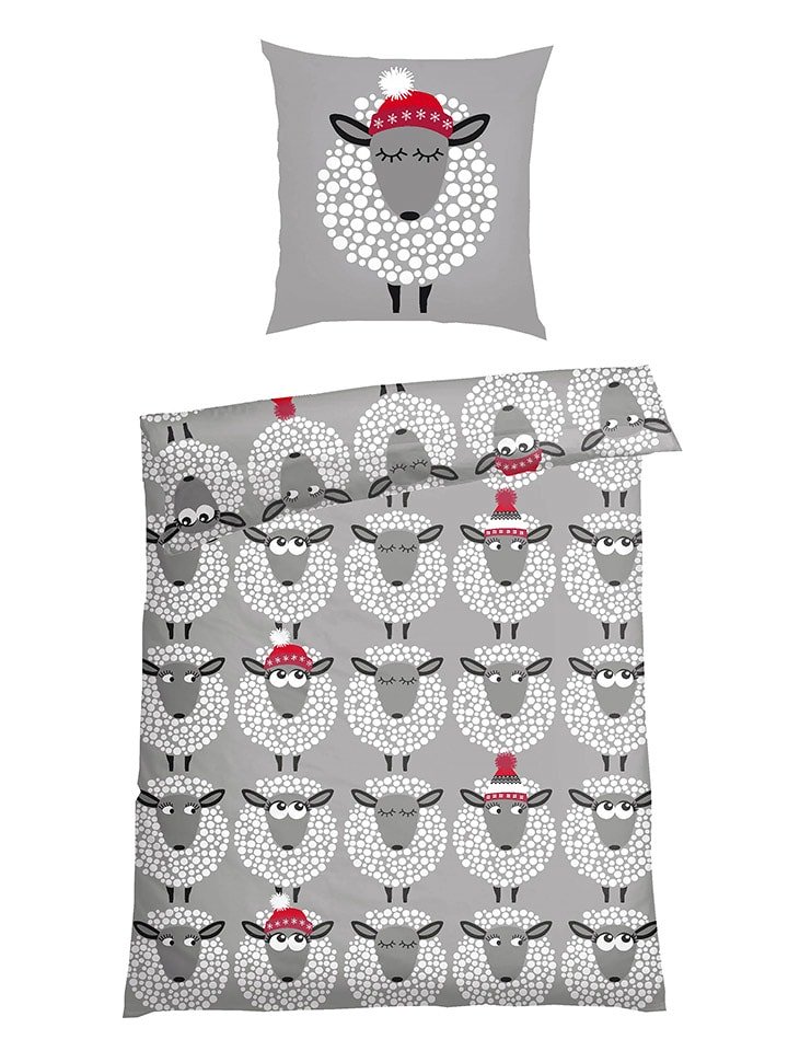 Schiesser Komplet pościeli flanelowej "Sippa" w kolorze szaro-czerwonym rozmiar: 135x200 cm