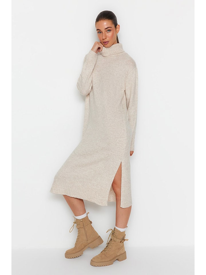 trendyol Sukienka dzianinowa w kolorze beżowym rozmiar: L