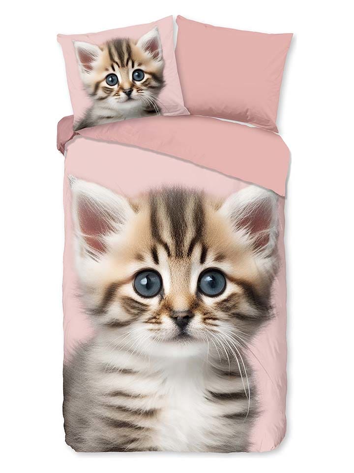 Good Morning Komplet pościeli flanelowej "Meow" w kolorze jasnobrązowo-jasnoróżowym rozmiar: 135x200 cm