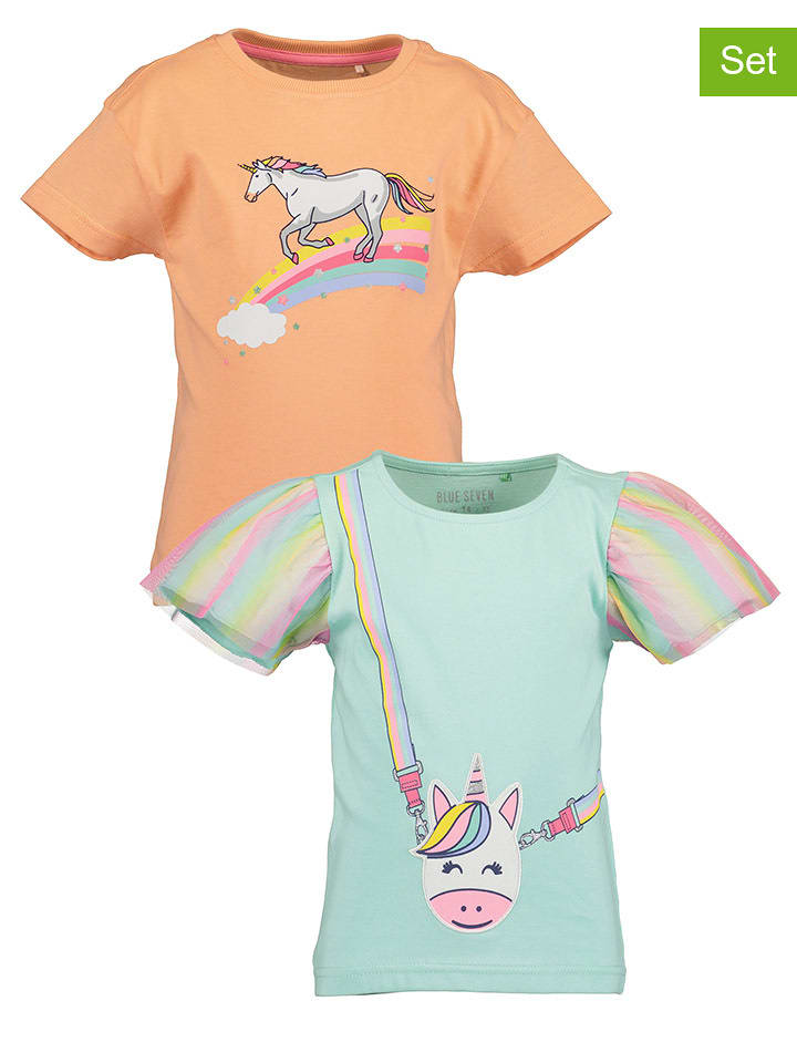 Blue Seven Koszulki (2 szt.) w kolorze pomarańczowo-turkusowym ze wzorem rozmiar: 110