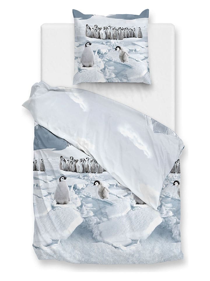 HNL Komplet pościeli flanelowej "Pinguini" w kolorze błękitnym rozmiar: 155x220 cm