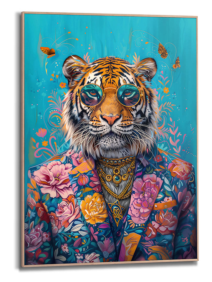 Orangewallz Druk artystyczny "Dandy Floral Tiger" w ramce rozmiar: 50x70 cm
