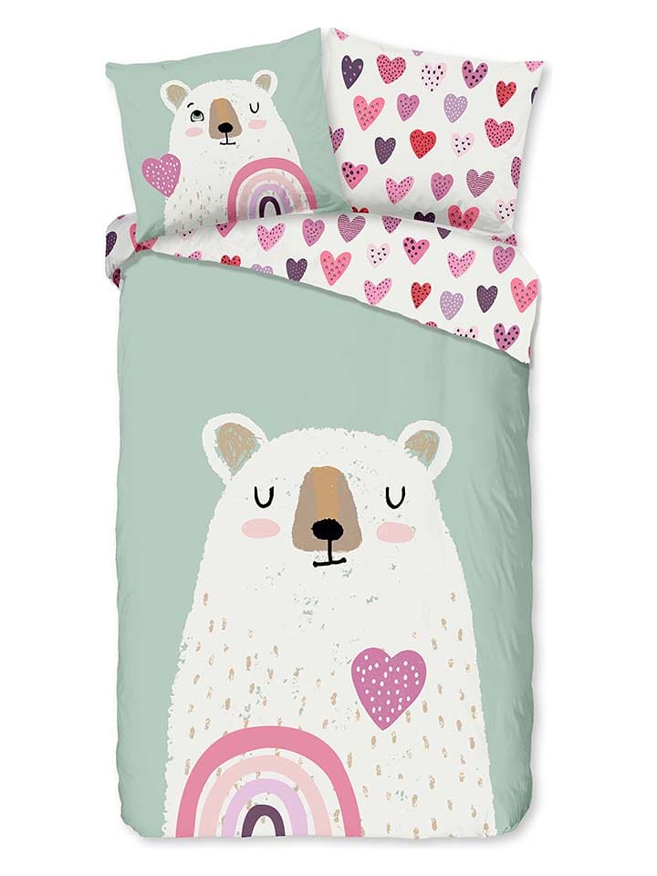 Good Morning Komplet pościeli flanelowej "Ted" w kolorze biało-zielonym rozmiar: 140x220 cm