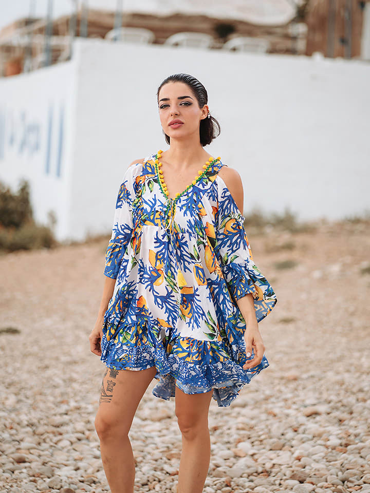 Isla Bonita by SIGRIS Sukienka w kolorze biało-niebiesko-pomarańczowym rozmiar: L