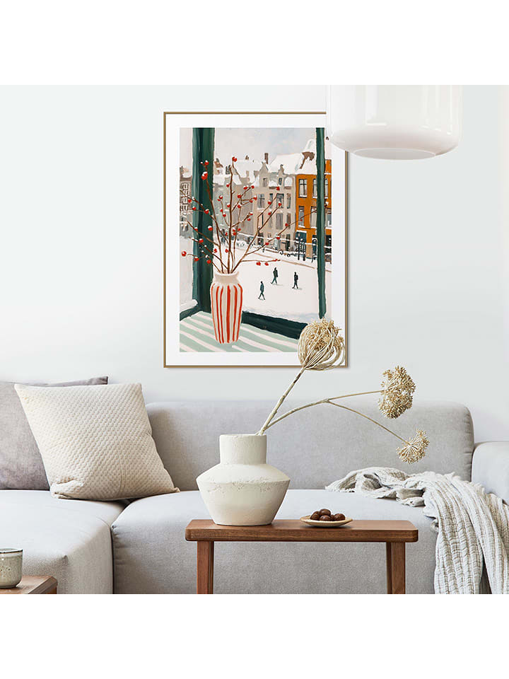 Orangewallz Druk artystyczny "Winter Window Vase" w ramce rozmiar: 50x70 cm