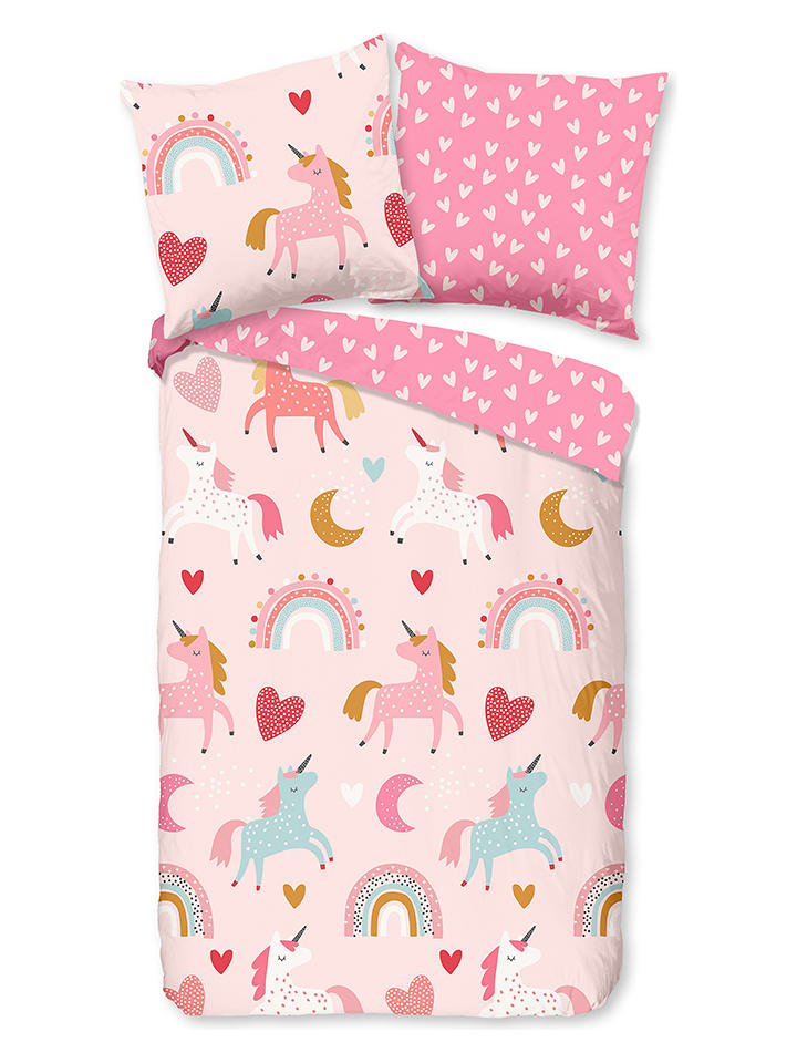 Good Morning Komplet pościeli flanelowej "Unicorn" w kolorze jasnoróżowym rozmiar: 140x220 cm