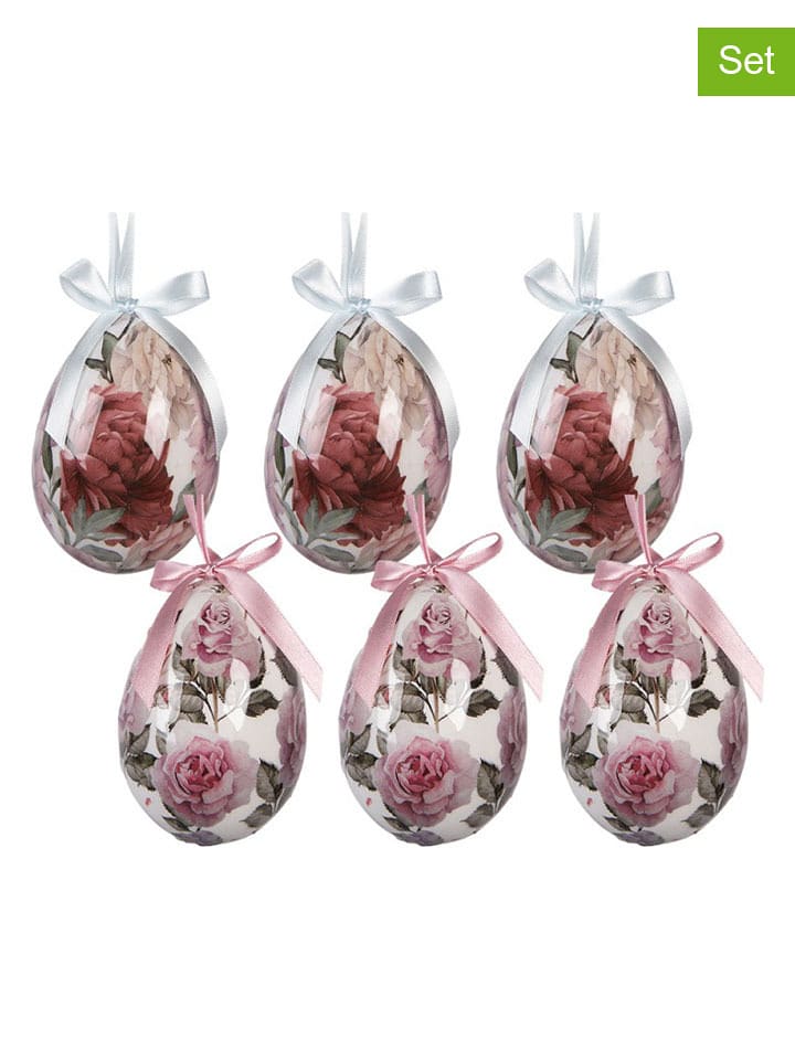 Clayre & Eef Zawieszki dekoracyjne (6 szt.) "Egg" w kolorze czerwono-jasnoróżowym - Ø 7 cm rozmiar: onesize