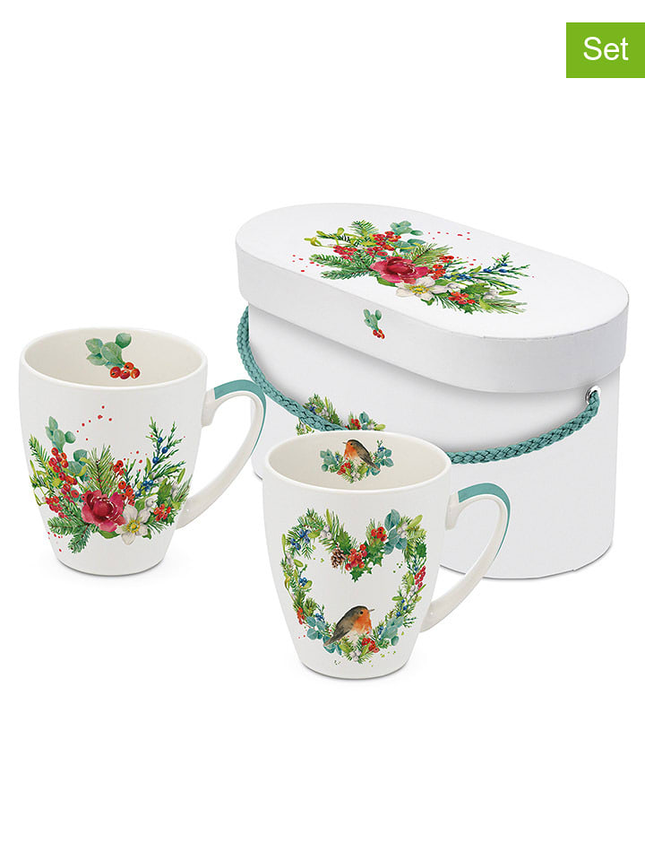 ppd Kubki jumbo (2 szt.) "Robin Heart & Flora" w kolorze biało-zielonym - 350 ml rozmiar: onesize
