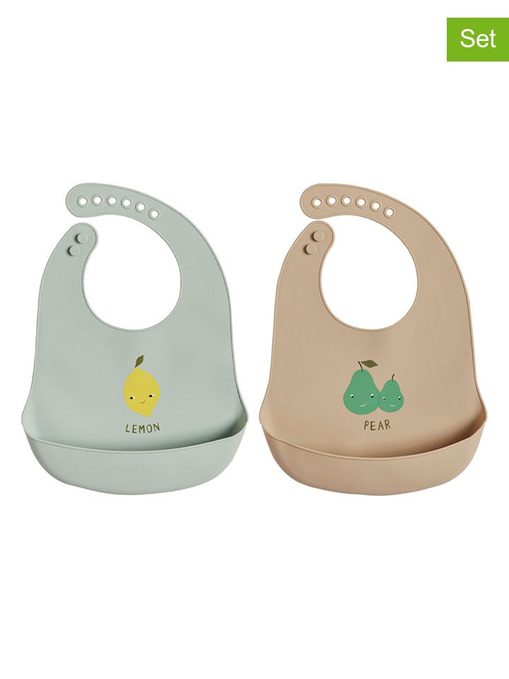 OYOY mini Silikonowe śliniaczki (2 szt.) "Yummy" w kolorze zielonym i jasnobrązowym rozmiar: onesize