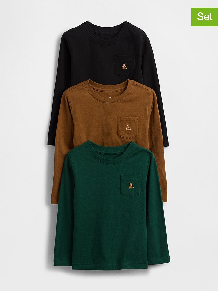 GAP Koszulki (3 szt.) w kolorze czarnym, jasnobrązowym i zielonym rozmiar: 98