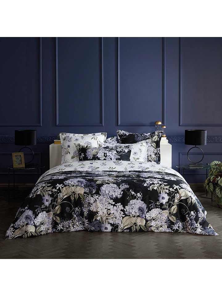 maison héritage PARIS Komplet pościeli satynowej "Hortensia" w kolorze granatowo-białym rozmiar: 200x220 cm