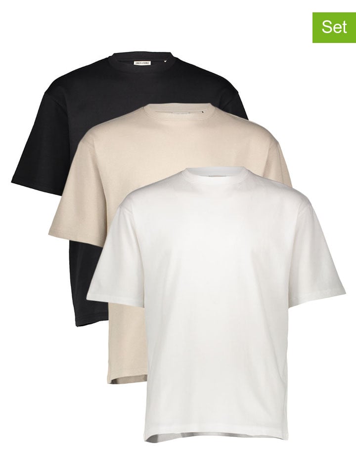 ONLY & SONS Koszulki (3 szt.) w kolorze biało-czarno-kremowym rozmiar: XL