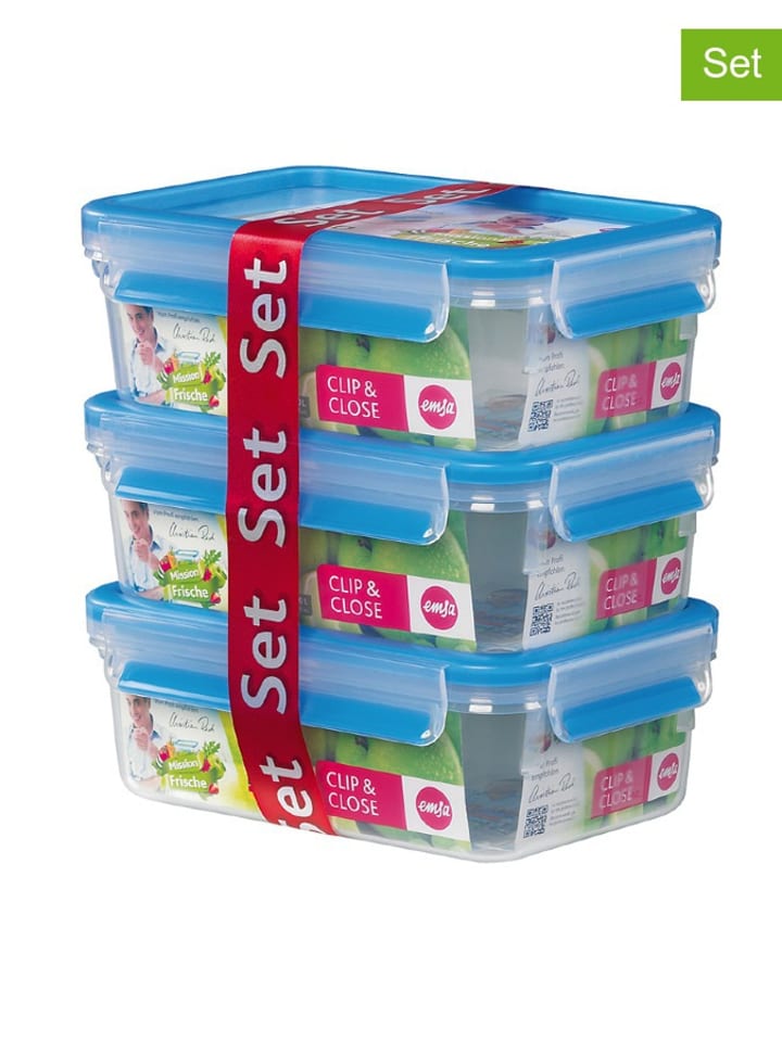 Emsa Pojemniki (3 szt.) "Clip & Close" w kolorze niebieskim na żywność - 3x 1 l rozmiar: onesize