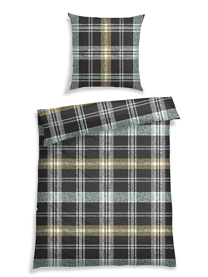Schiesser Komplet pościeli flanelowej "Scott" w kolorze szaro-zielonym rozmiar: 135x200 cm