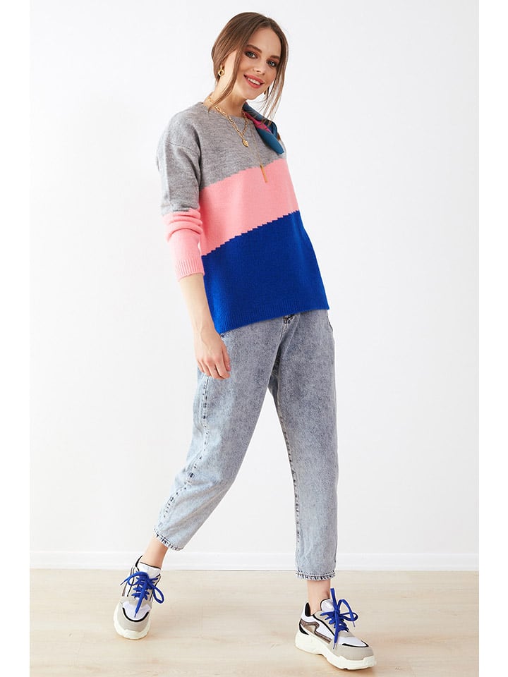 Milan Kiss Sweter w kolorze szaro-różowo-niebieskim rozmiar: M