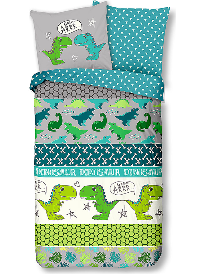 Good Morning Komplet pościeli "Dinosaur" w kolorze zielono-szarym rozmiar: 140x220 cm