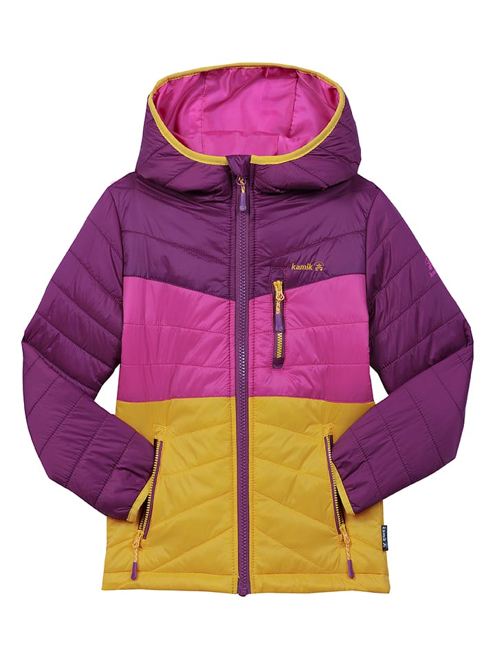 Kamik Całoroczna kurtka pikowana "Harley" w kolorze różowo-fioletowo-musztardowym rozmiar: 92