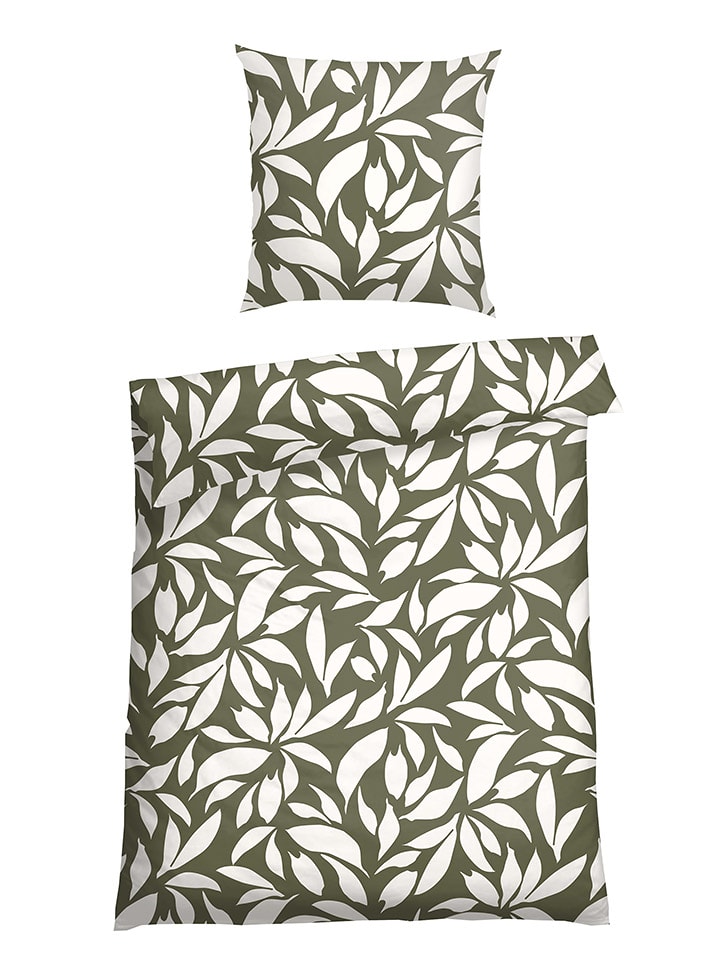 Schiesser Komplet pościeli flanelowej "Leaf" w kolorze zielono-białym rozmiar: 135x200 cm