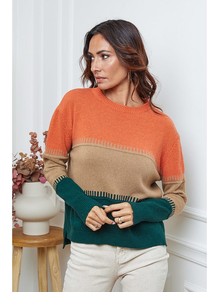 So Cachemire Sweter "Lurcia" w kolorze jasnobrązowo-zielono-pomarańczowym rozmiar: XL