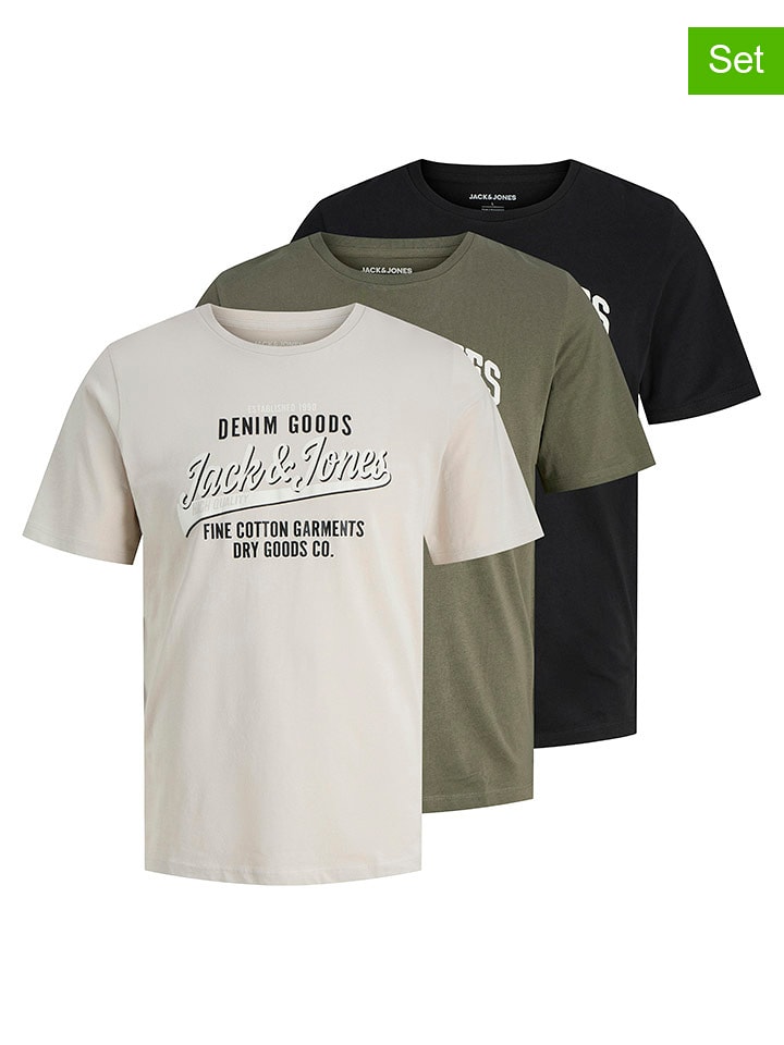 Jack & Jones Koszulki (3 szt.) "Jjethan" w kolorze oliwkowo-czarno-kremowym rozmiar: M
