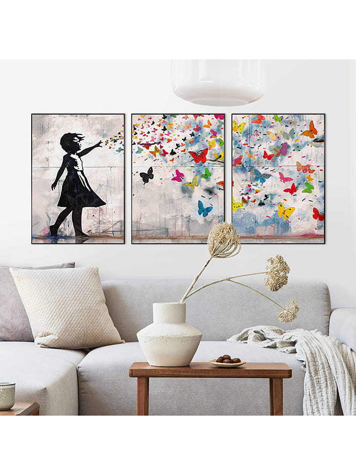 Orangewallz Druki artystyczne (3 szt.) "Balloon Girl Bright" w ramce rozmiar: 50x70 cm