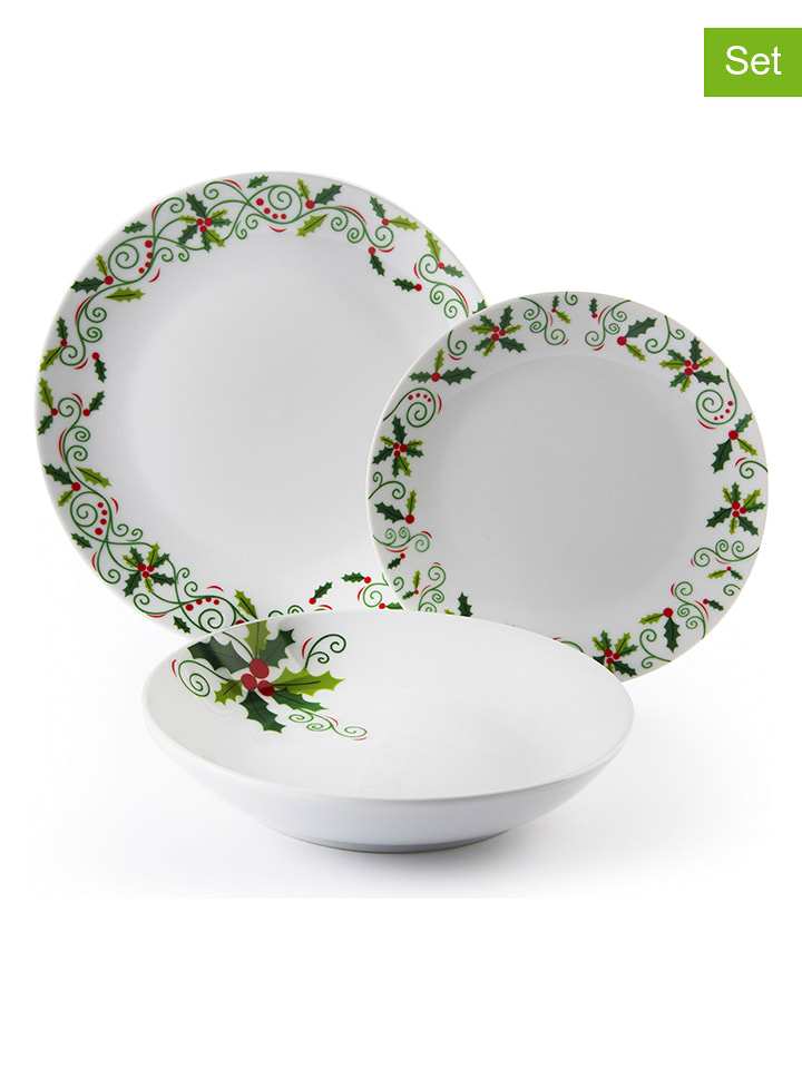 Trendy Kitchen by EXCÉLSA 18-częściowy zestaw talerzy "Christmas Holly" w kolorze biało-zielonym rozmiar: onesize