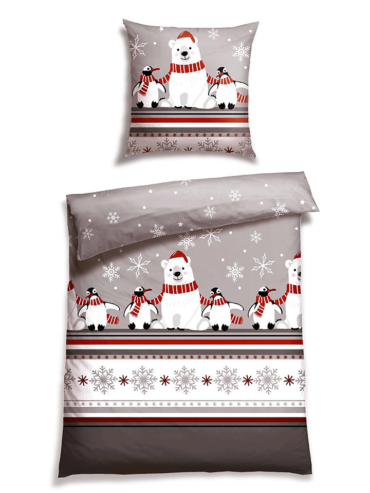 Schiesser Komplet pościeli flanelowej "Dida" w kolorze szaro-czerwonym rozmiar: 135x200 cm