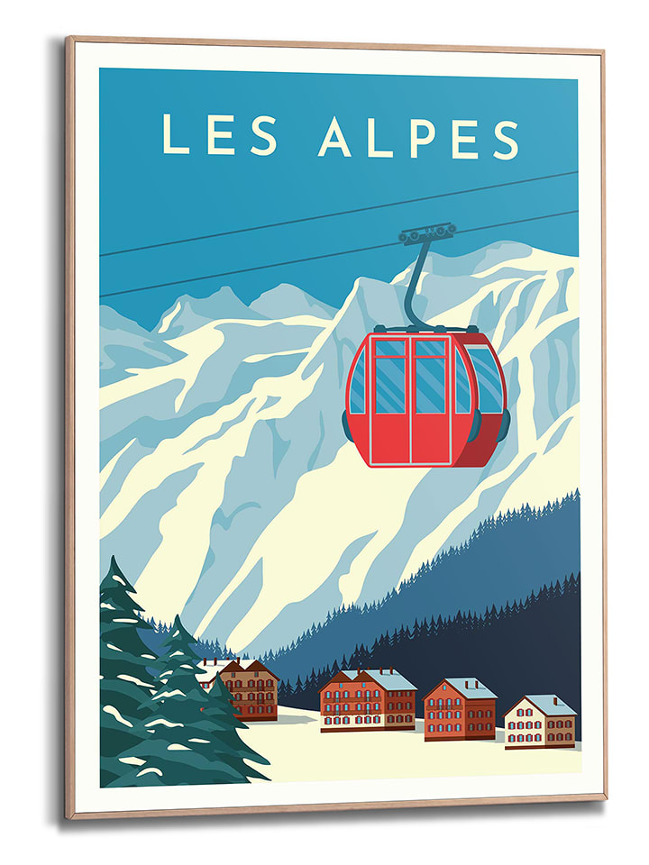 Orangewallz Druk artystyczny "Alpes Ski" w kolorze niebieskim w ramce rozmiar: 50x70 cm