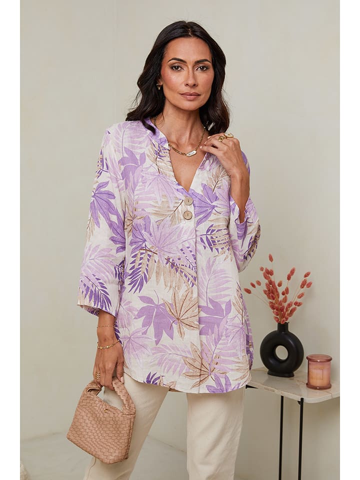 Le Monde du Lin Lniana tunika w kolorze kremowo-fioletowym rozmiar: 40/42