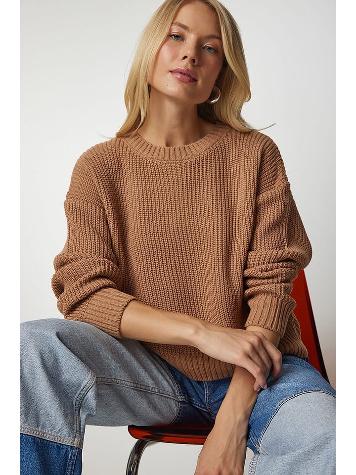 Happiness Istanbul Sweter w kolorze jasnobrązowym rozmiar: S/M